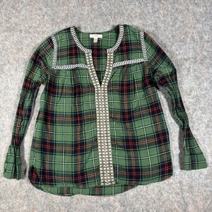 J.Crew Plaid Embroidered Tunic Shirt Women Green Sz 4 Boho 2013 Holiday Cottage